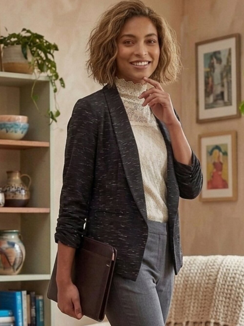 Maurice's Black w/Gray pattern Open Blazer 3/4 Length Ruched Sleeve Size XL